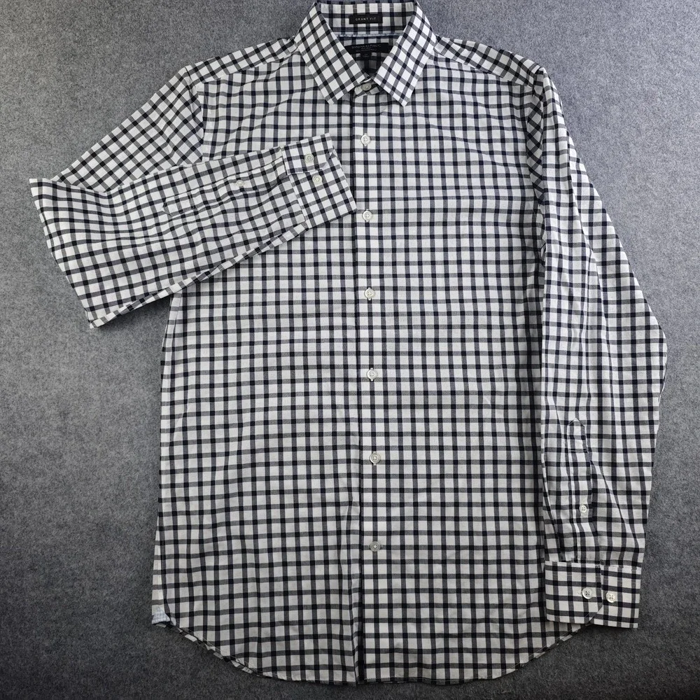 Banana Republic Shirt Mens Medium Grant Fit Non Iron Stretch White Blue Check